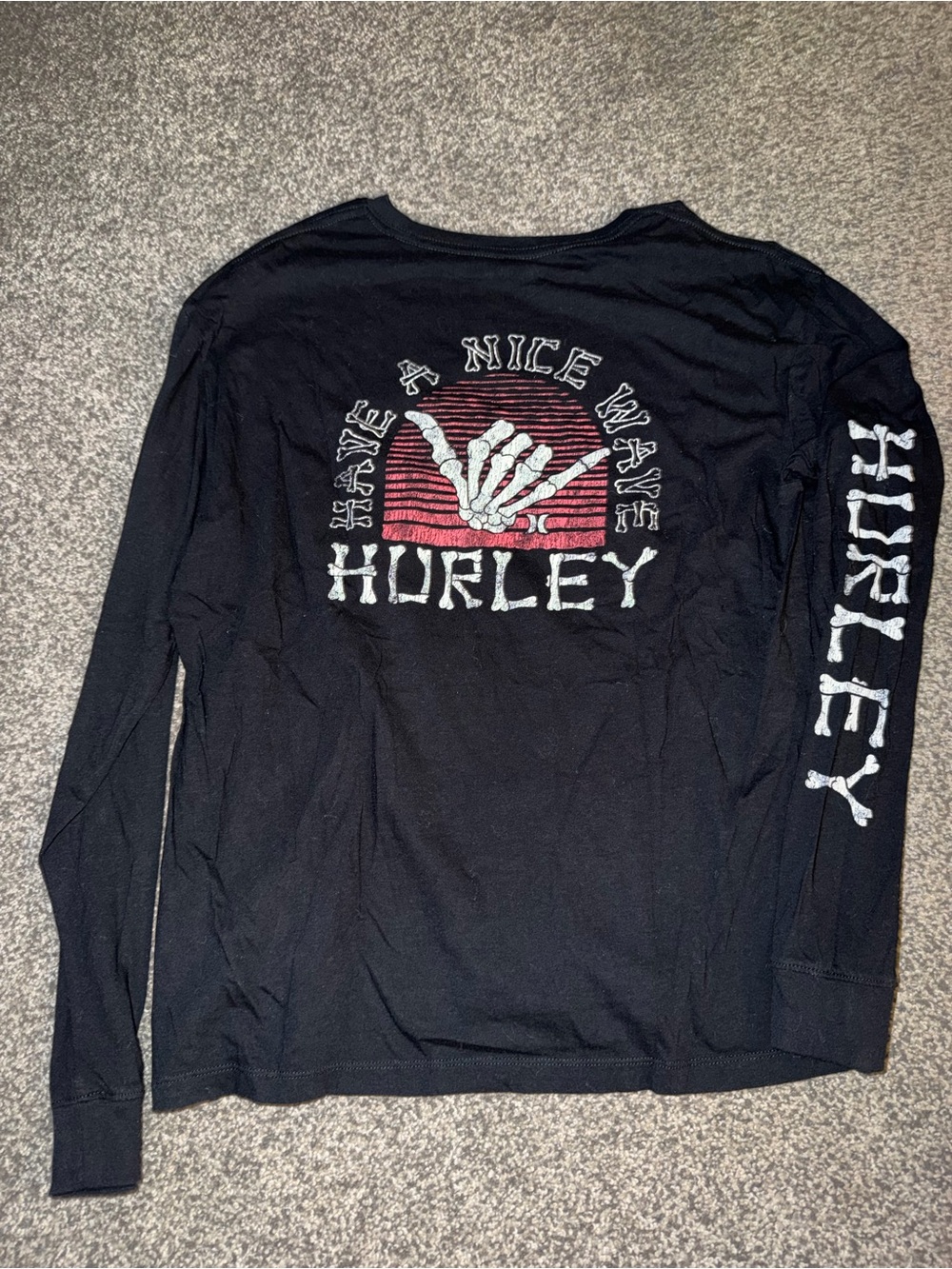 Hurley Black Long-Sleeve Graphic Tee with White and Red Print